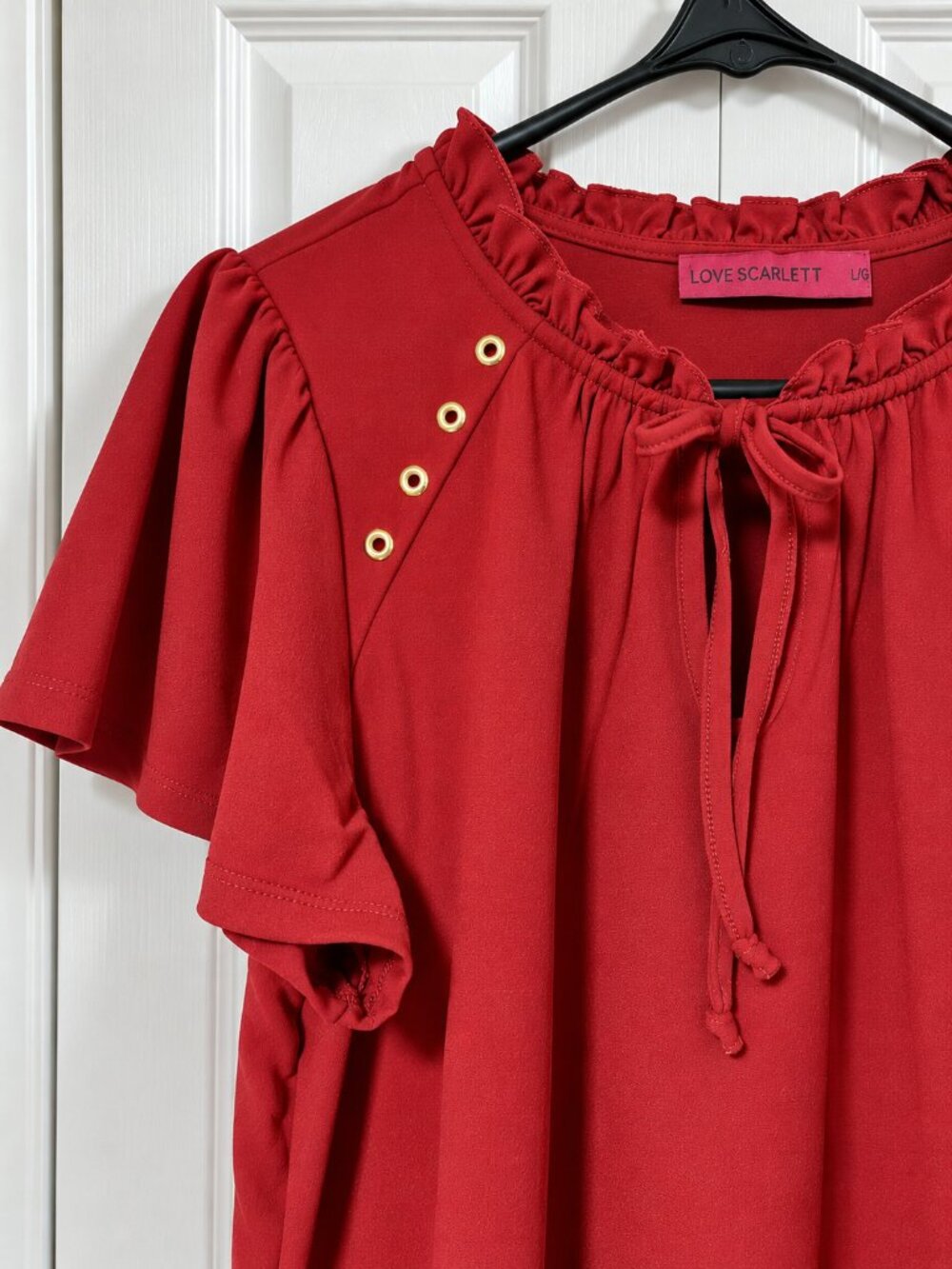 Sun-Dried Tomato Ruffle Tie Neck Blouse Gold Eyelet Short Sleeve Size L/G - Picture 4 of 11